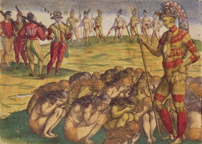 Eroberung der Azteken durch die spanischen Kolonisten, Buchillustration, ca. 1550 von Theodore de Bry